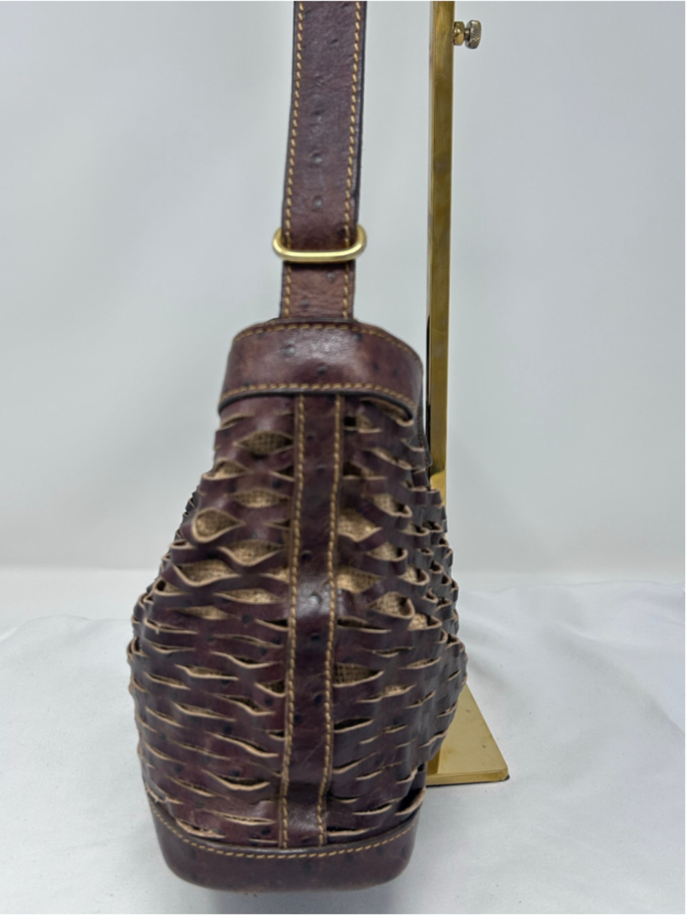 Vintage Fendi Selleria Cutwork Ostrich Embossed Leather Hobo Bag - Picture 6 of 16